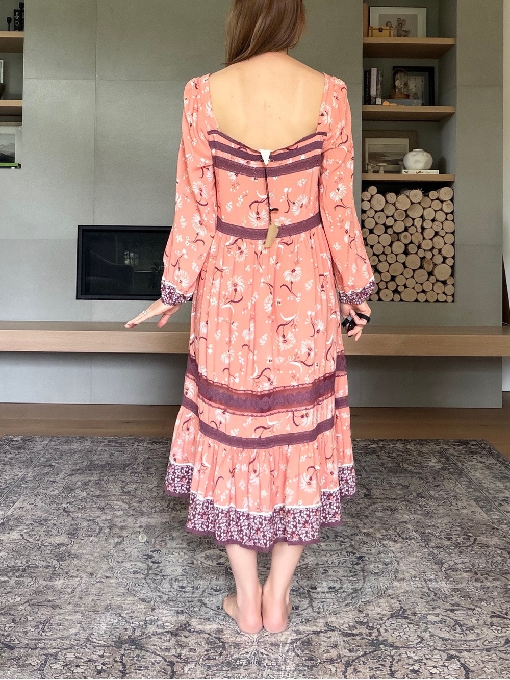 Jaase NWT boho pink Peach Midi Dress with Long Sleeves tiered skirt medium - Picture 5 of 14